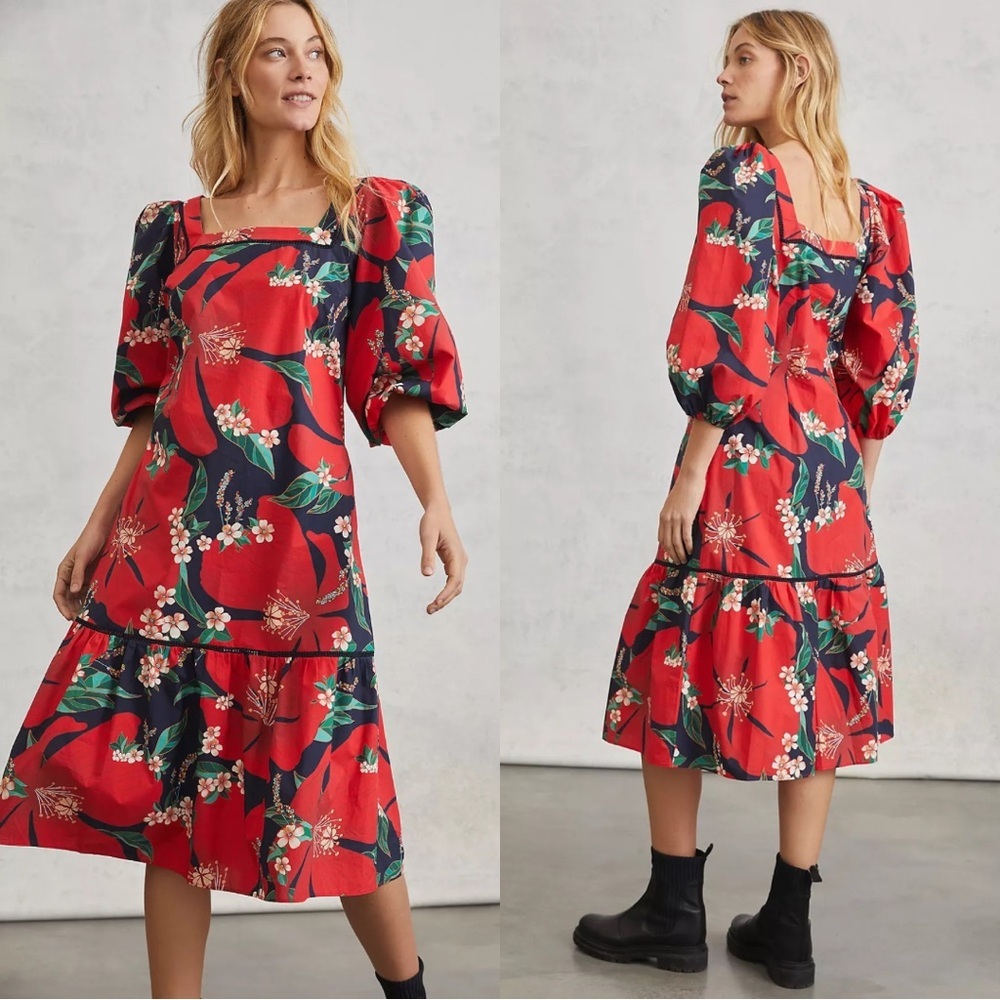 NWT Anthropologie Farm Rio Jamila Midi Dress Red Floral XS